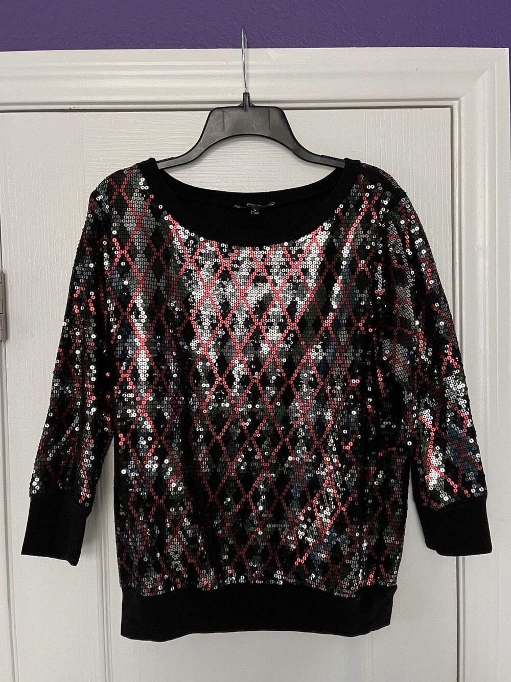 Express Sequin Geometric Pullover Sweatshirt Sweater Top 3/4 Sleeve Size Large